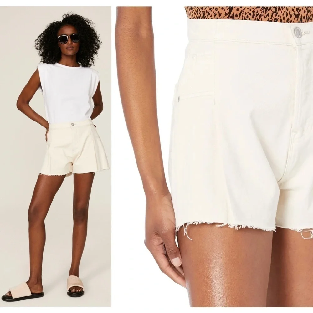 HUDSON 90s Pleated‎ Beige Denim High Waist Frayed Raw Hem Cutoff Jean Shorts 28